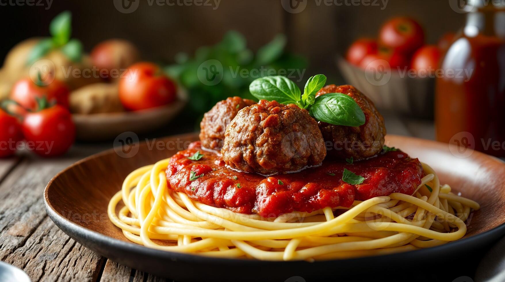 Pasta Spaghetti With Meatballs Served on Wooden Table photo
