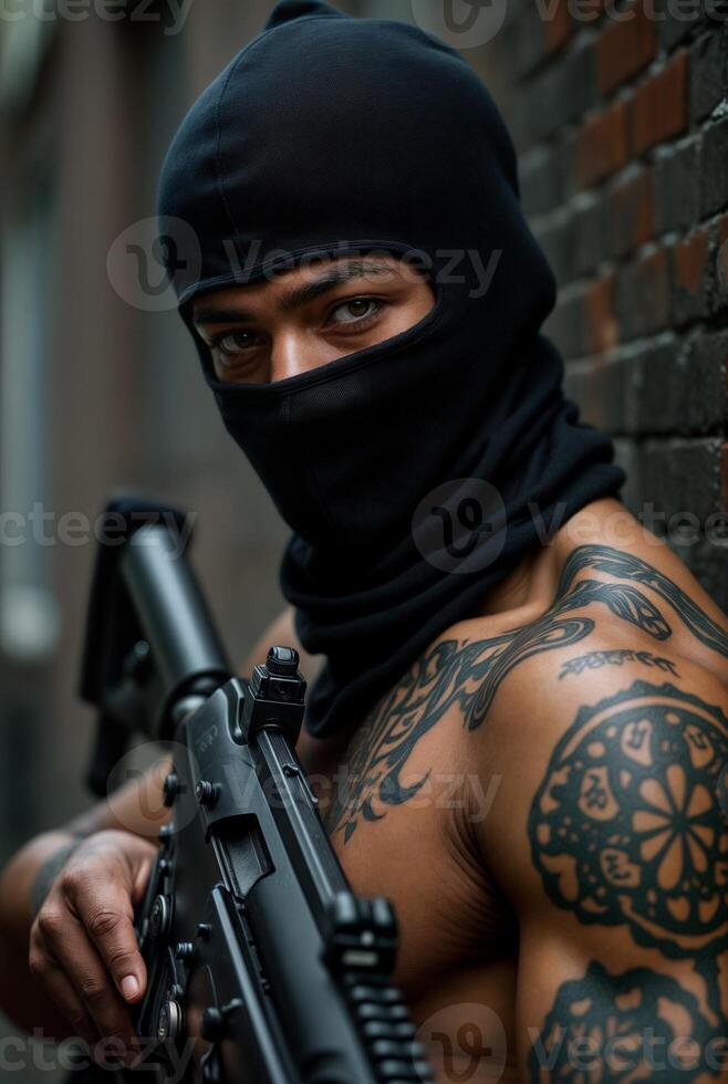 Person in Mask Holds Firearm Against Urban Backdrop photo