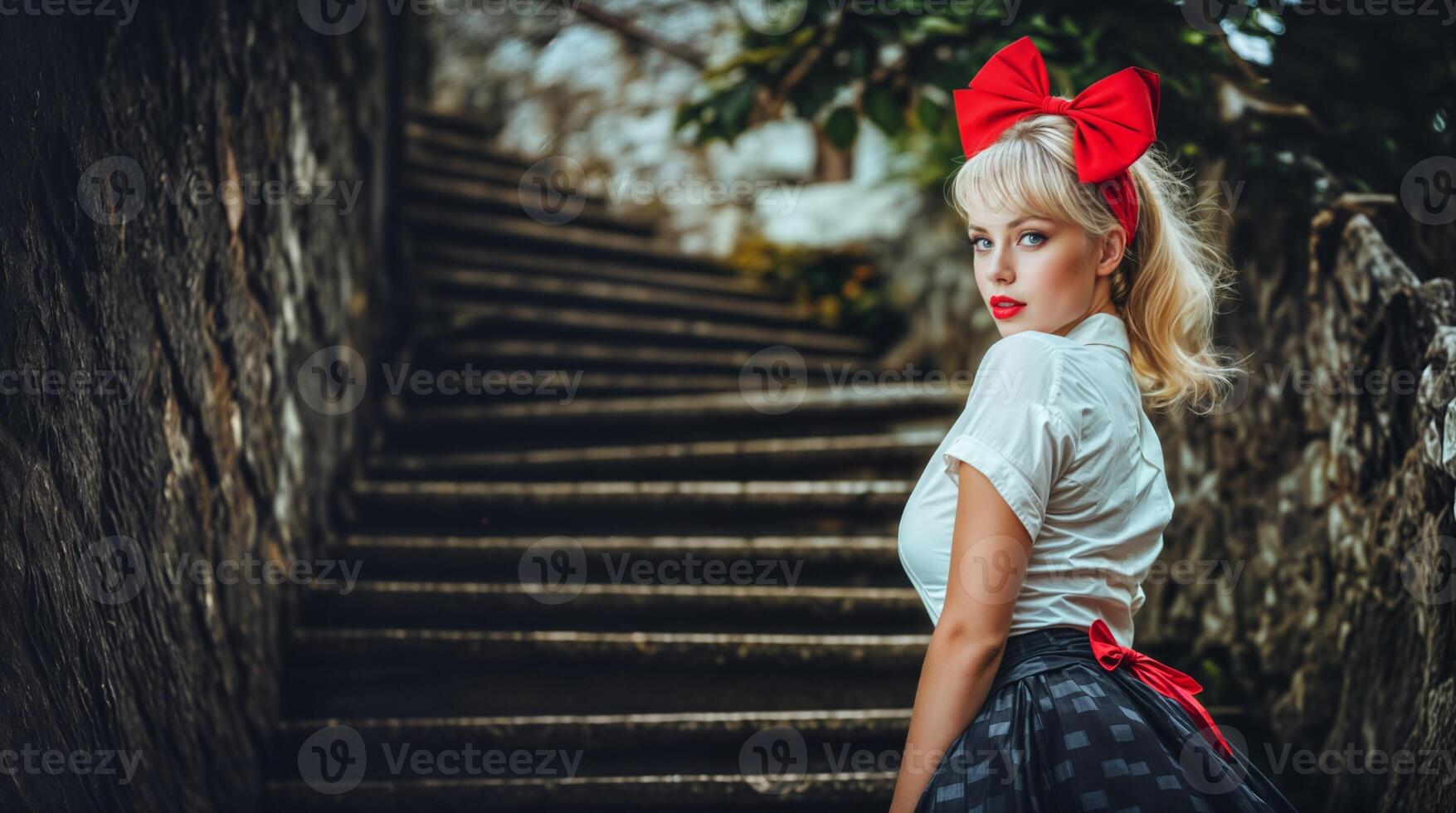 A woman with red hair and a red bow is standing on some stairs photo
