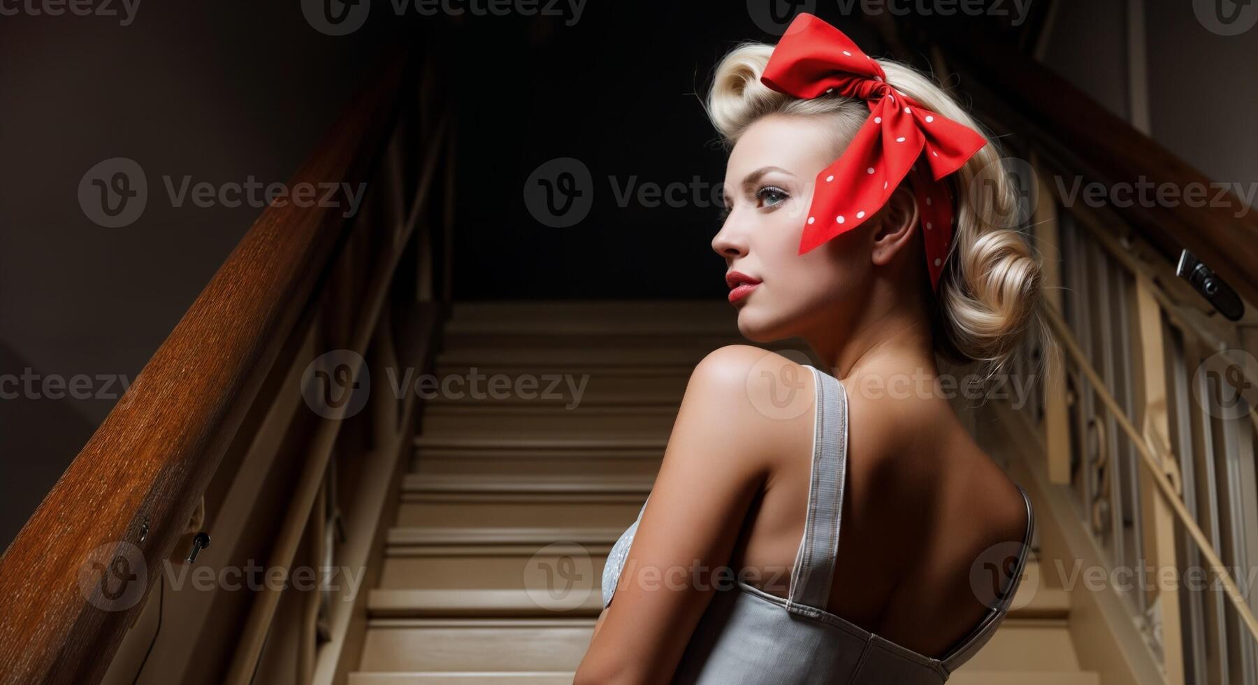 Blonde Pinup Girl With Red Bow Indoors photo
