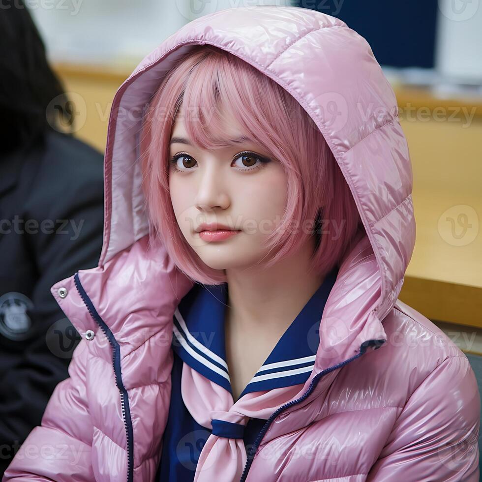 A girl with pink hair wearing a pink jacket photo
