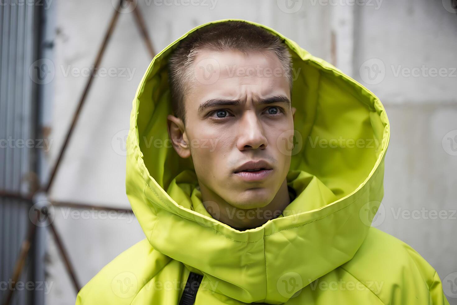 A man in a yellow jacket is looking at the camera photo