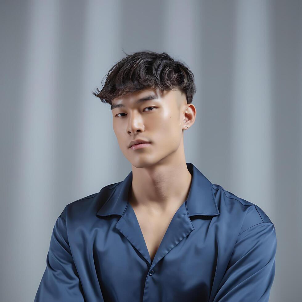 Young asian man in blue shirt posing for camera photo