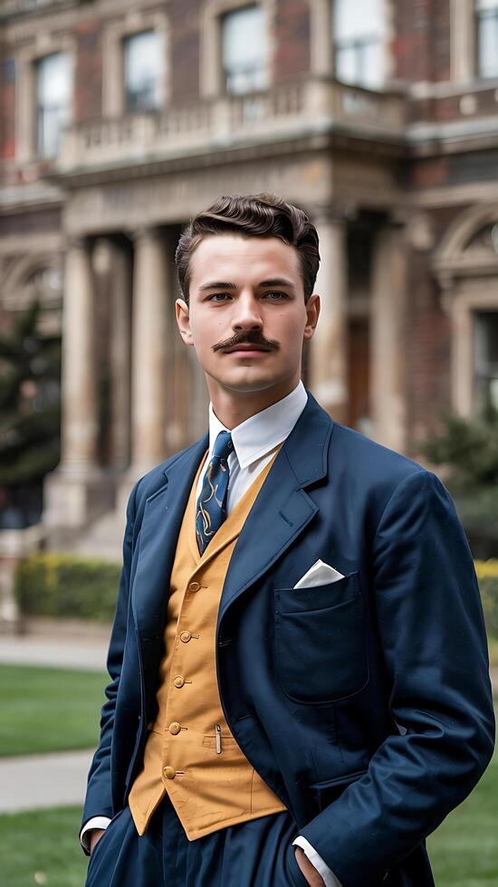 A man in a suit and tie standing in front of a building photo