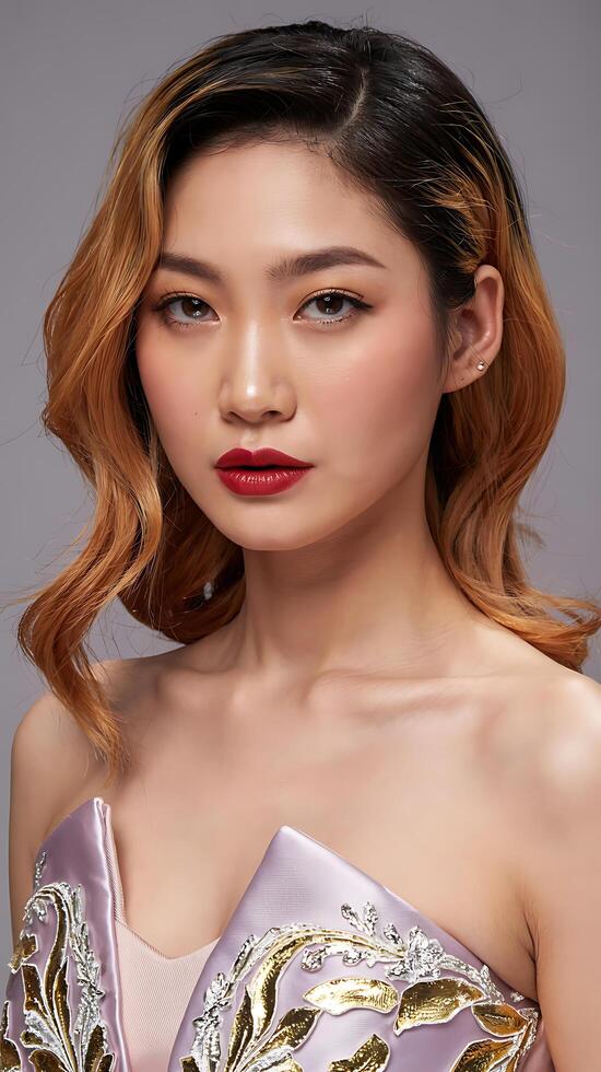 A woman with red lipstick and gold dress posing photo