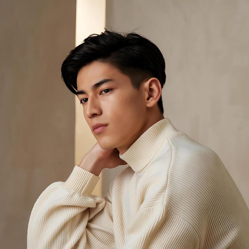 A young man in a white turtle neck sweater photo