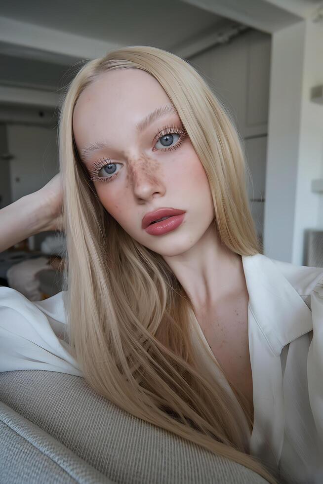 A woman with freckles on her face posing for a photo