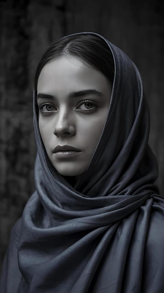 A woman in a black shawl with a dark background photo