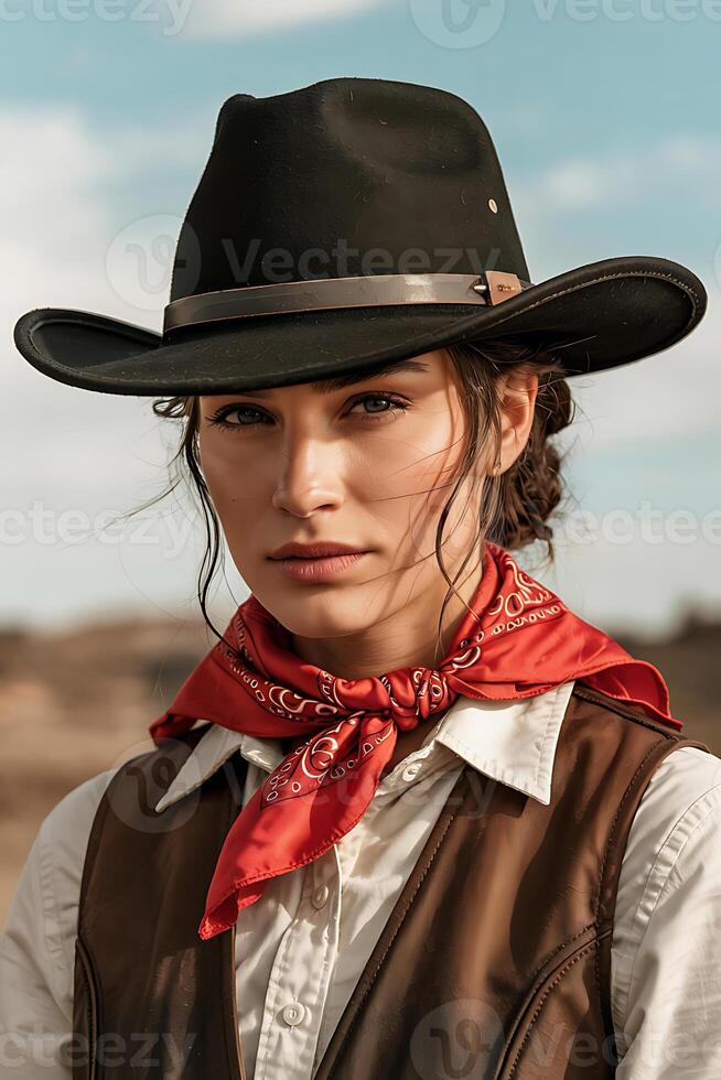 A woman wearing a cowboy hat and a red bandana photo