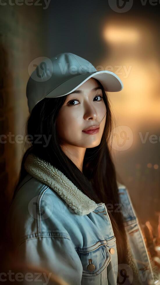 A woman wearing a hat and a denim jacket photo