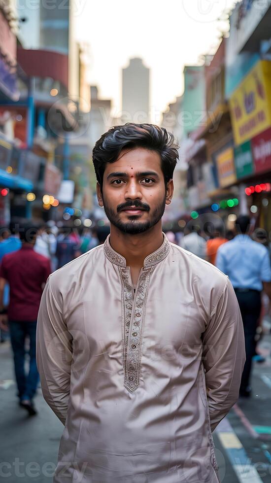 A man standing in a crowded street photo