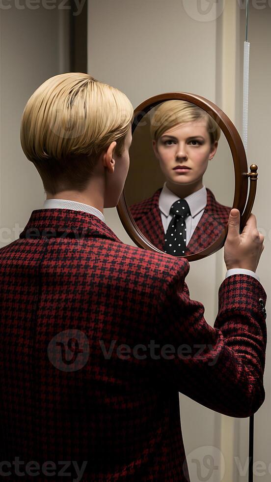 A woman looking at herself in a mirror photo