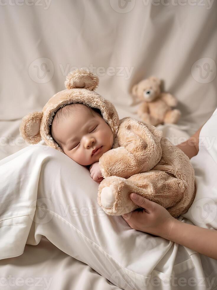 A woman holding a baby in a teddy bear costume photo