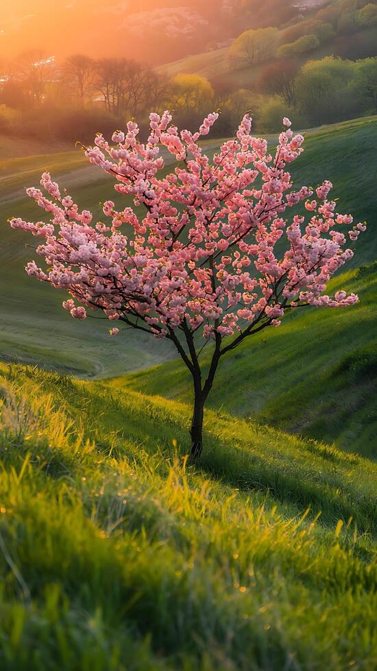 A single cherry tree in bloom on a hillside photo
