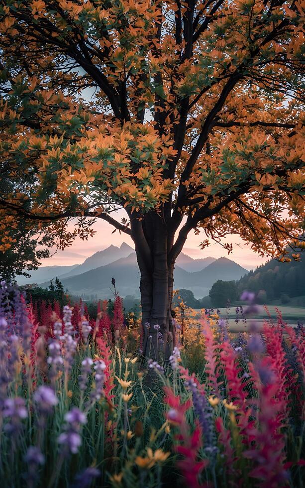 A tree stands in front of a field of colorful flowers photo