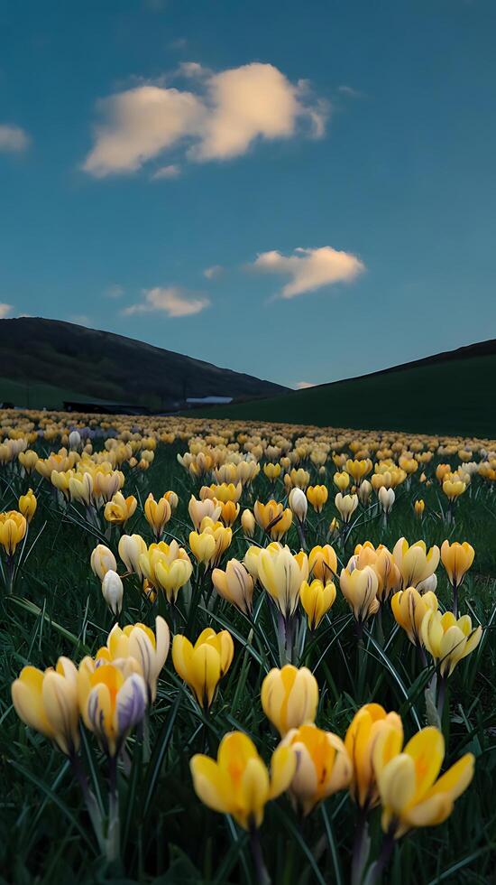 Yellow crocuses in a field with a blue sky photo
