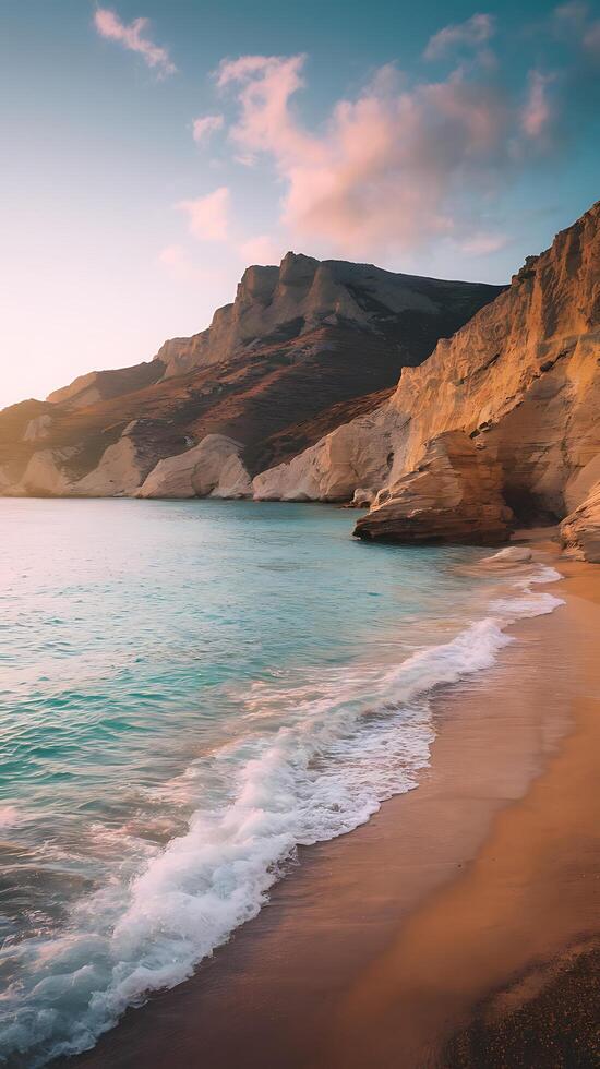 A beach with waves and cliffs at sunset photo