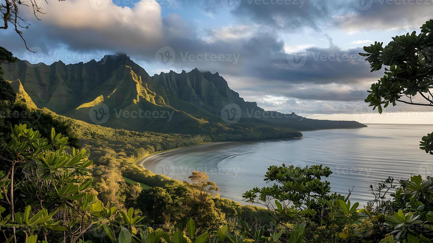 The view from the top of a mountain overlooking the ocean photo