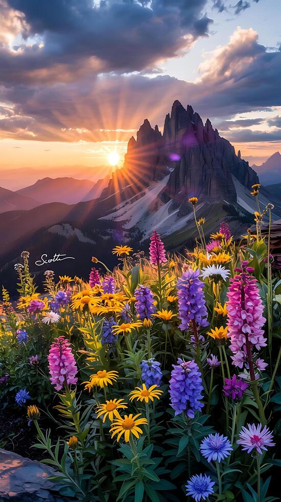 The sun sets over a mountain range with colorful flowers photo