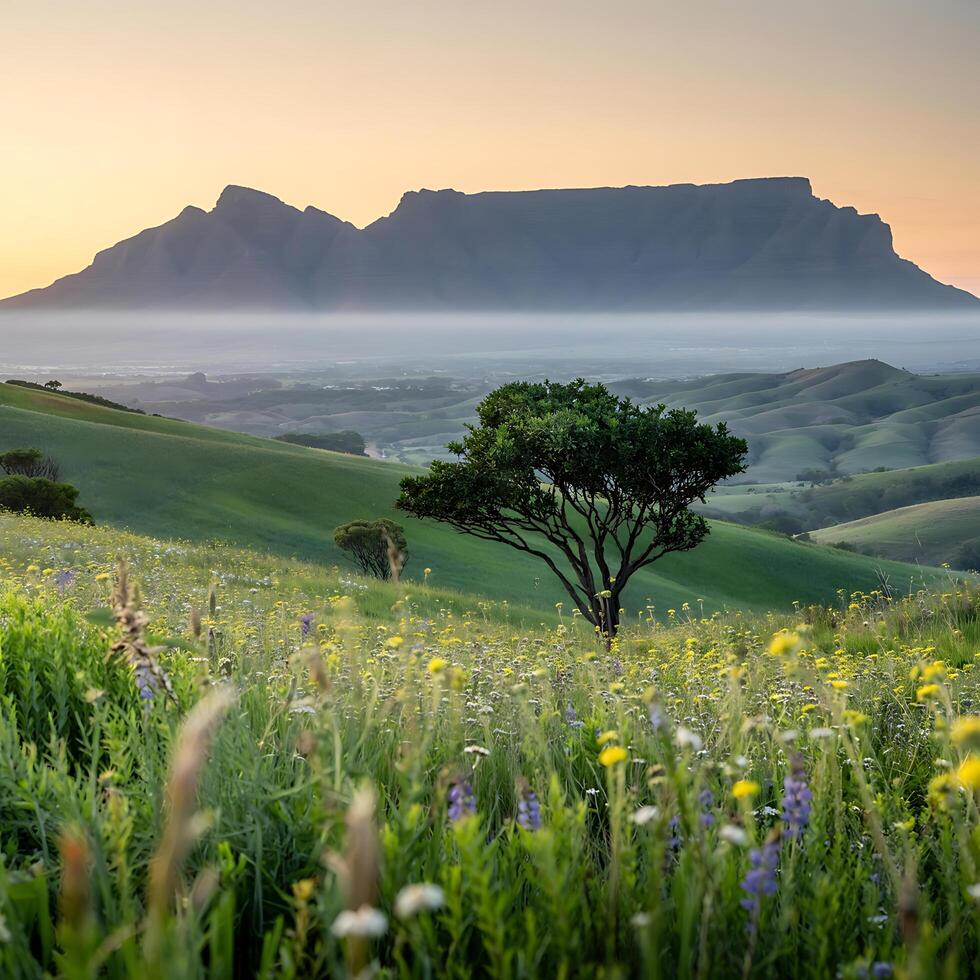 A field with wildflowers and a mountain in the background photo