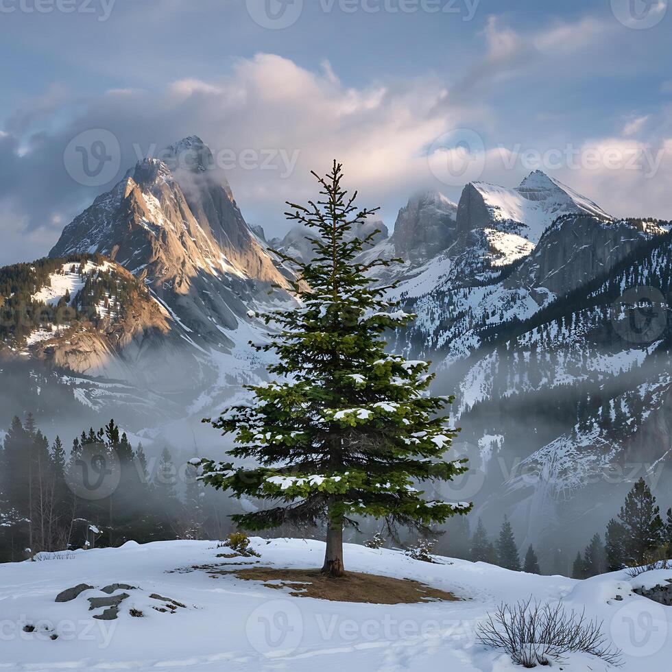 A lone tree in the snow with mountains in the background photo