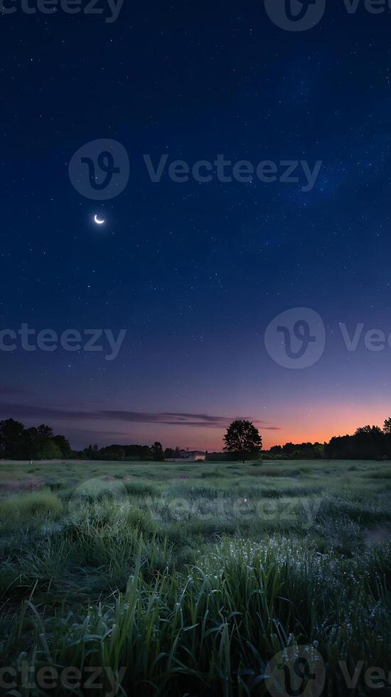 A night sky with a crescent moon and a field photo