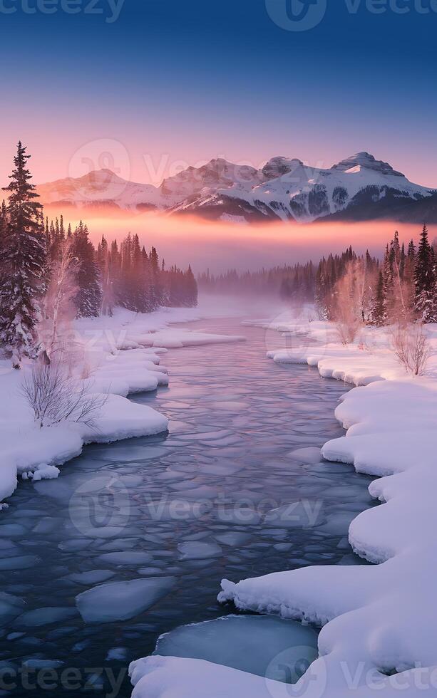 A river flows through a snowy landscape at sunset photo