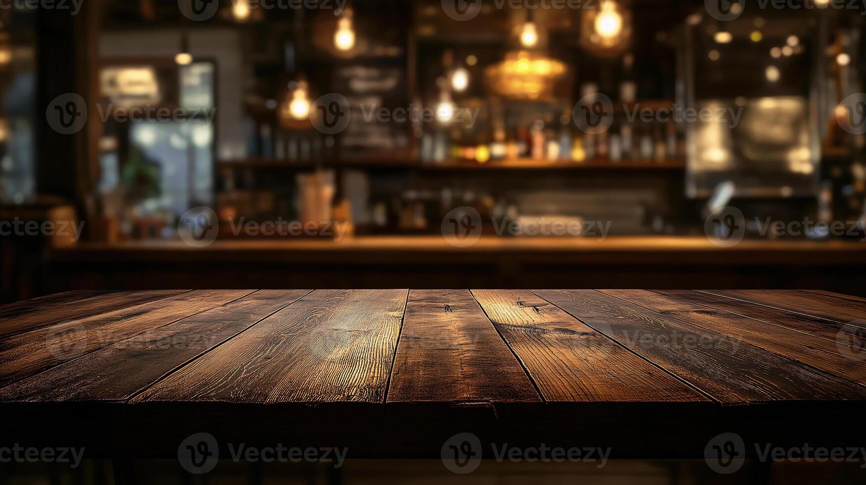 A beautiful wooden table with a view of a bar photo