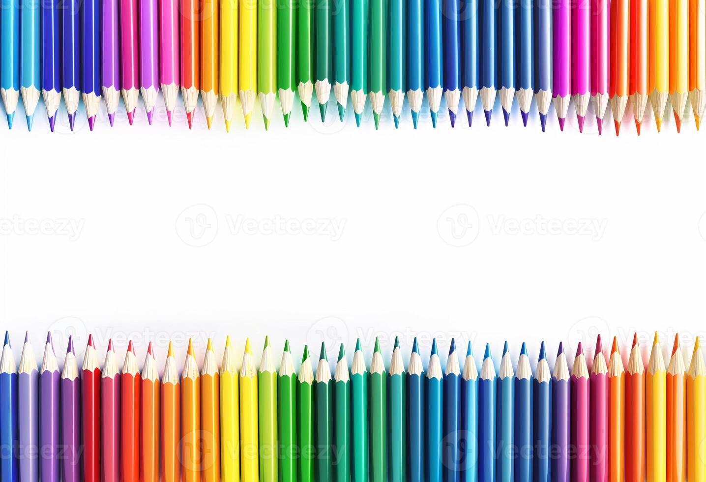 A row of colourful rainbow pencils with a white background photo