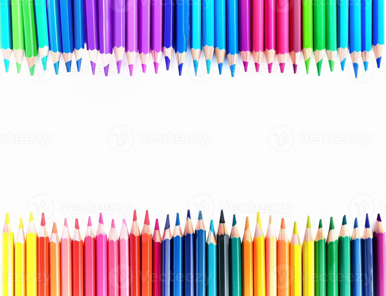 A vibrant row of colourful pencils with a white background photo