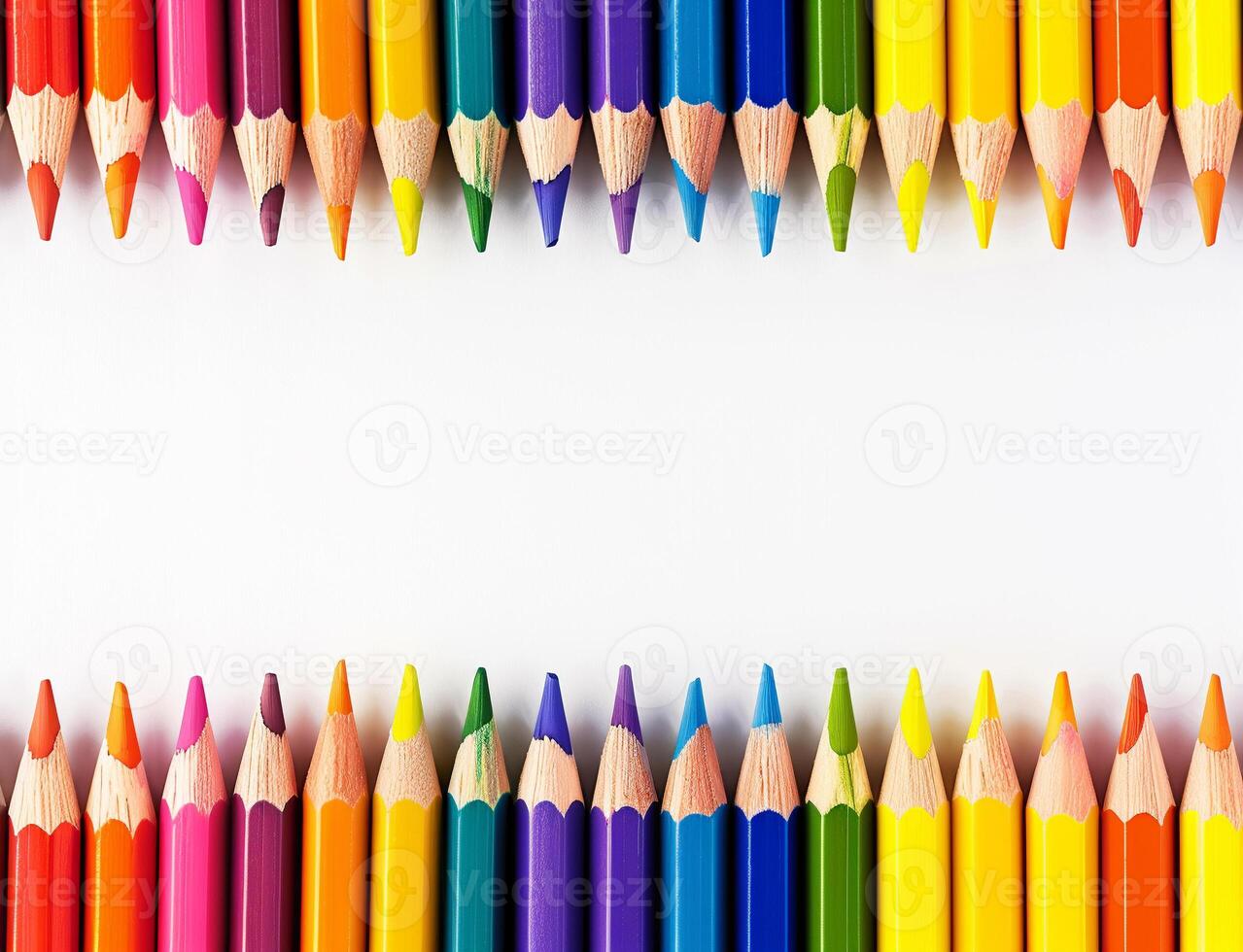 A row of beautiful colourful pencils on a white background photo
