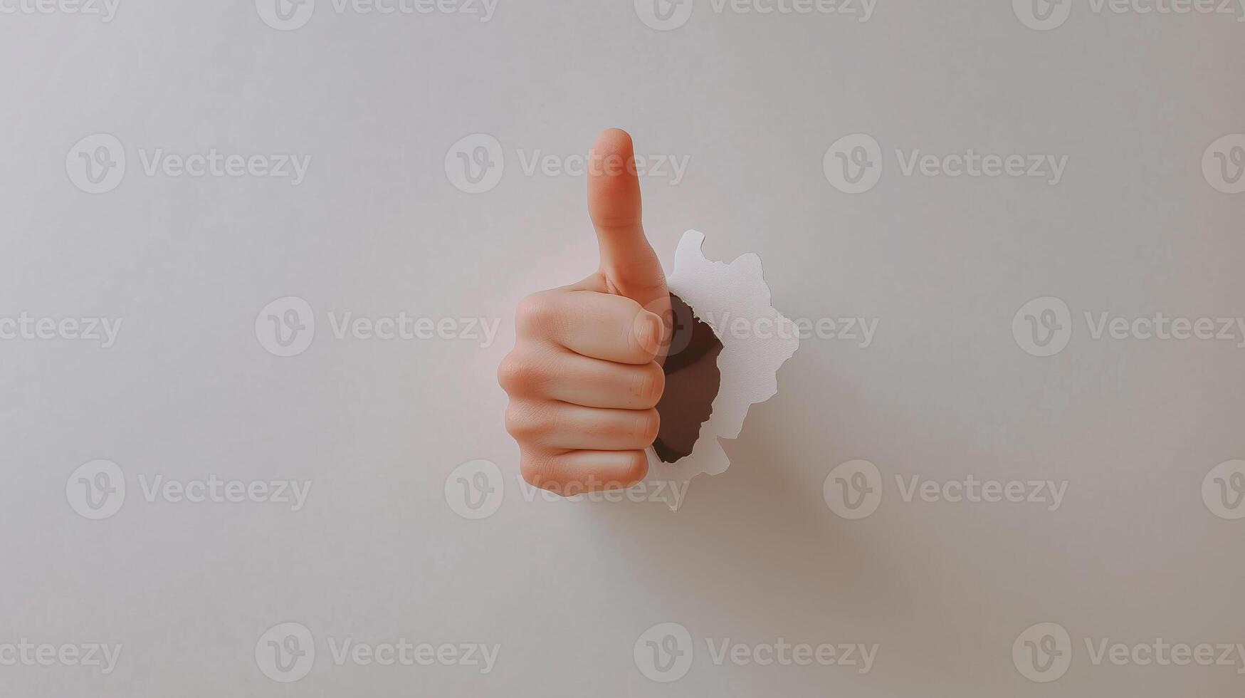 A hand is giving a thumbs up in a hole in a wall photo