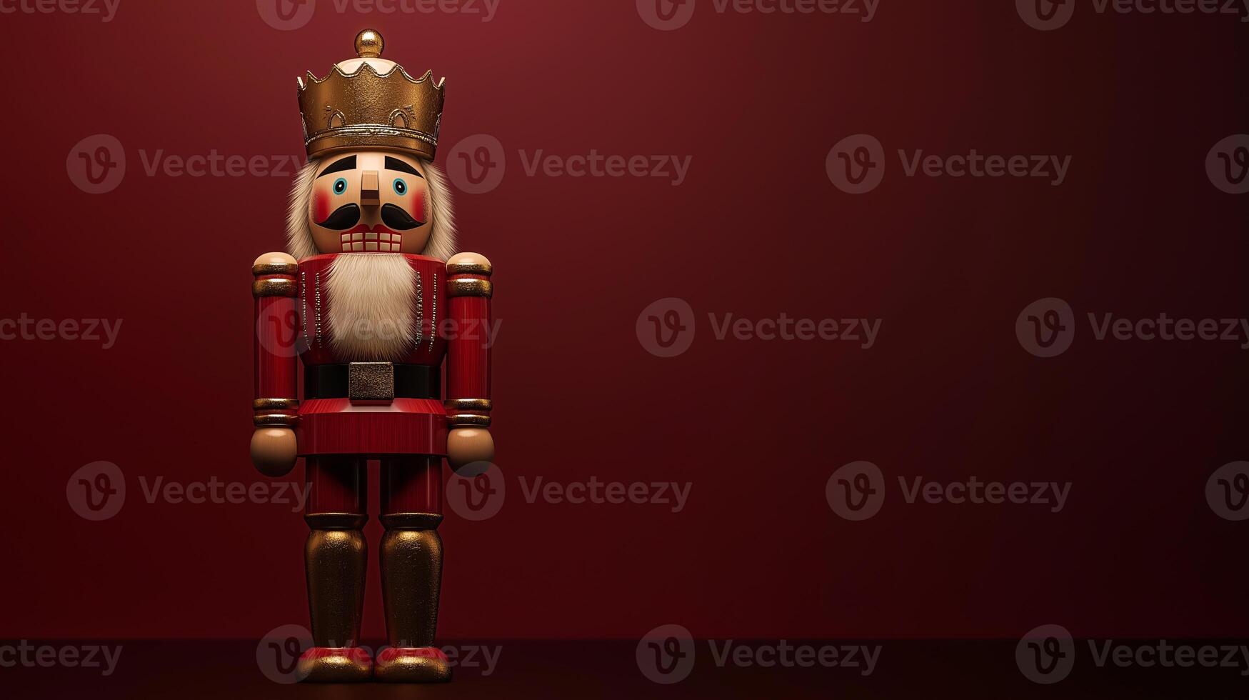A wooden nutcracker stands on a red background photo
