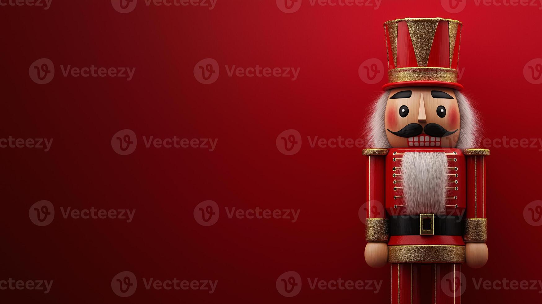A red and gold nutcracker stands on a red background photo
