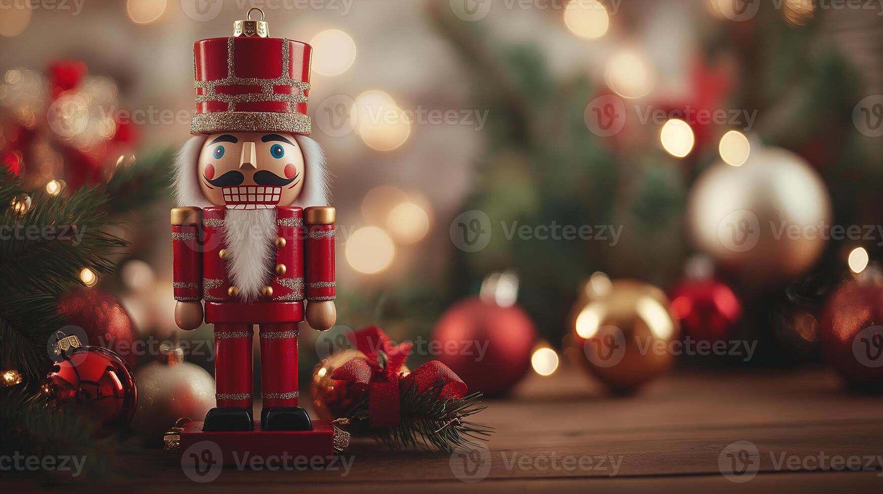 A nutcracker is standing on a wooden table with a bunch of Christmas ornaments photo