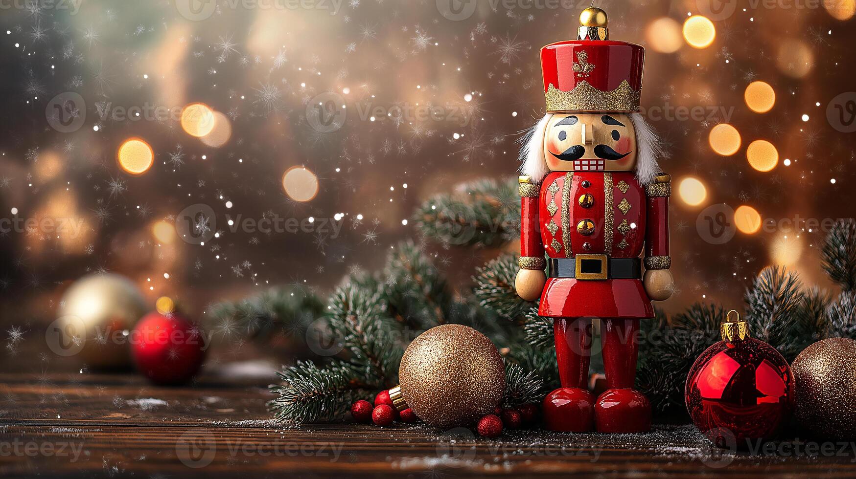 A nutcracker is standing in front of a bunch of Christmas decorations photo