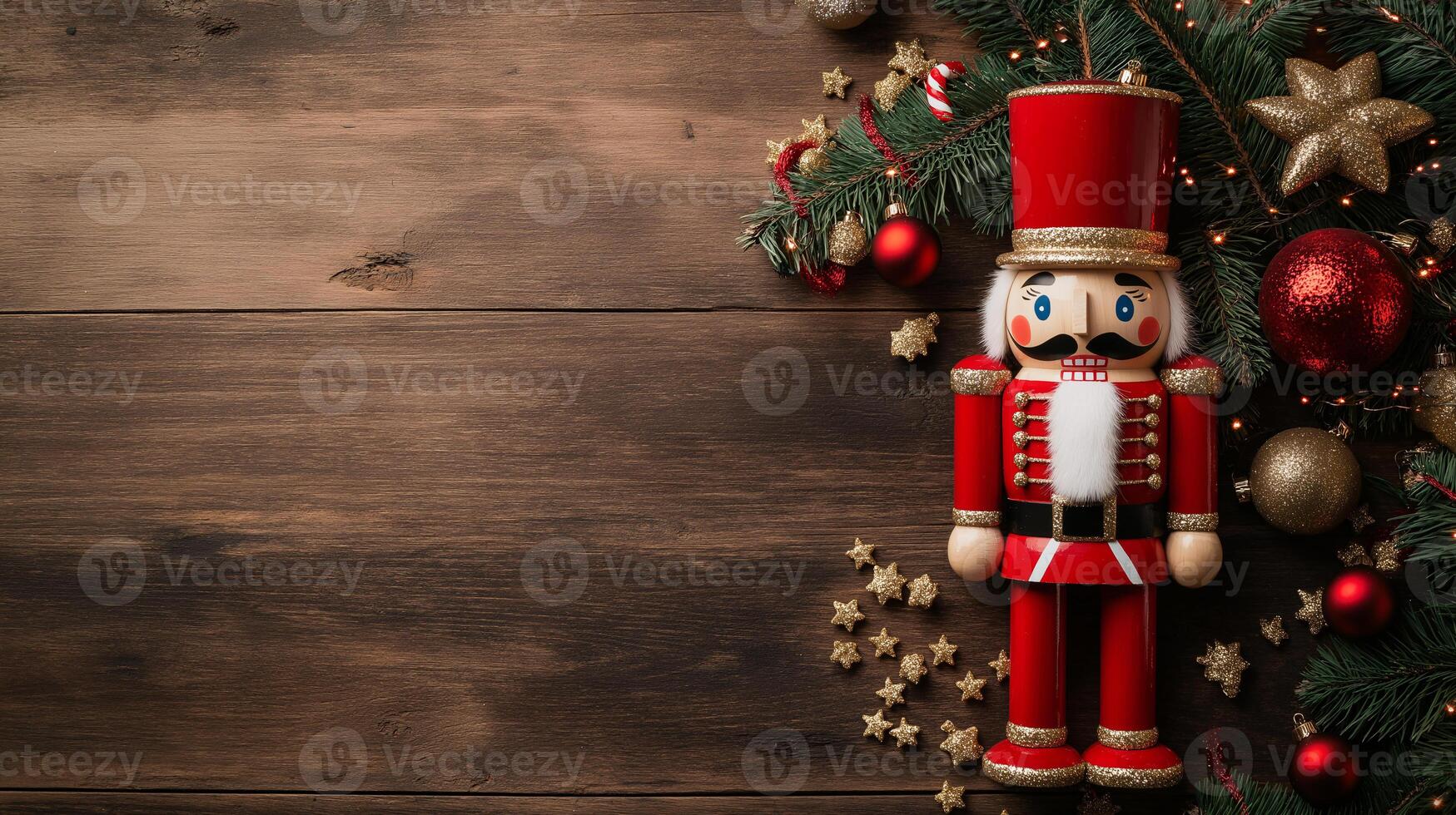 A wooden background with a nutcracker on it photo