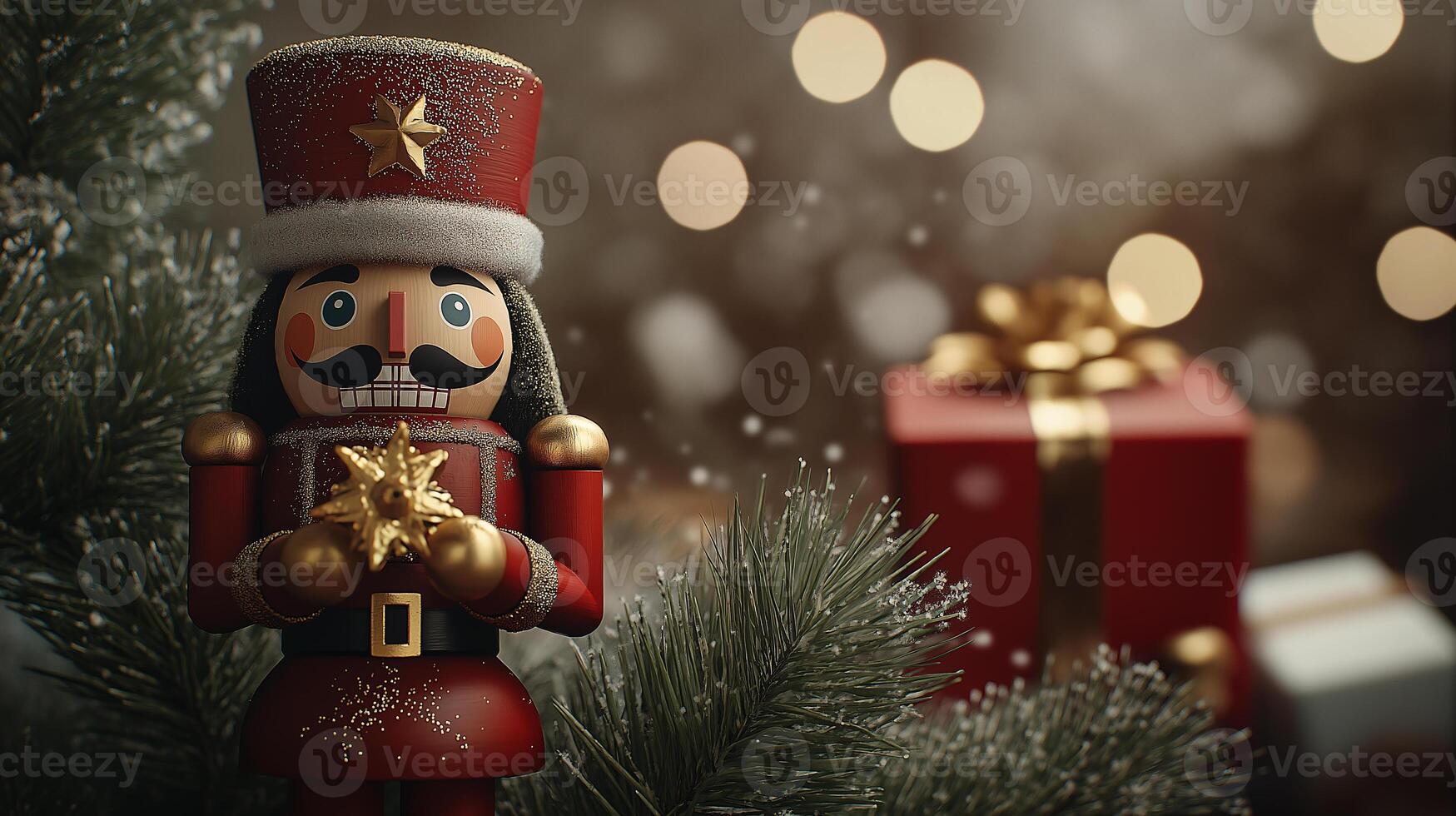 A nutcracker is holding two golden balls in his hands photo