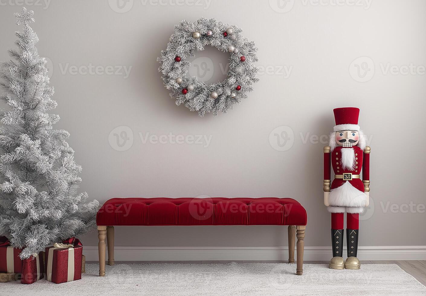 A red bench is in front of a Christmas tree and a nutcracker photo