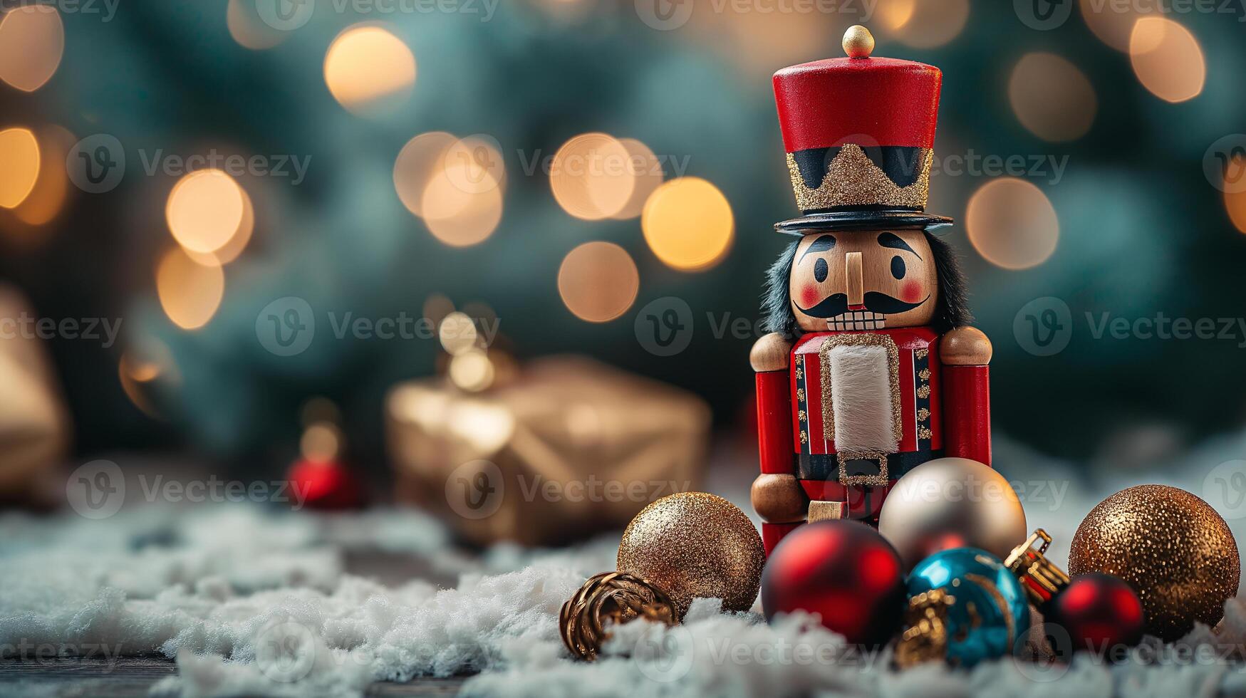 A nutcracker is standing on a table with many Christmas ornaments photo