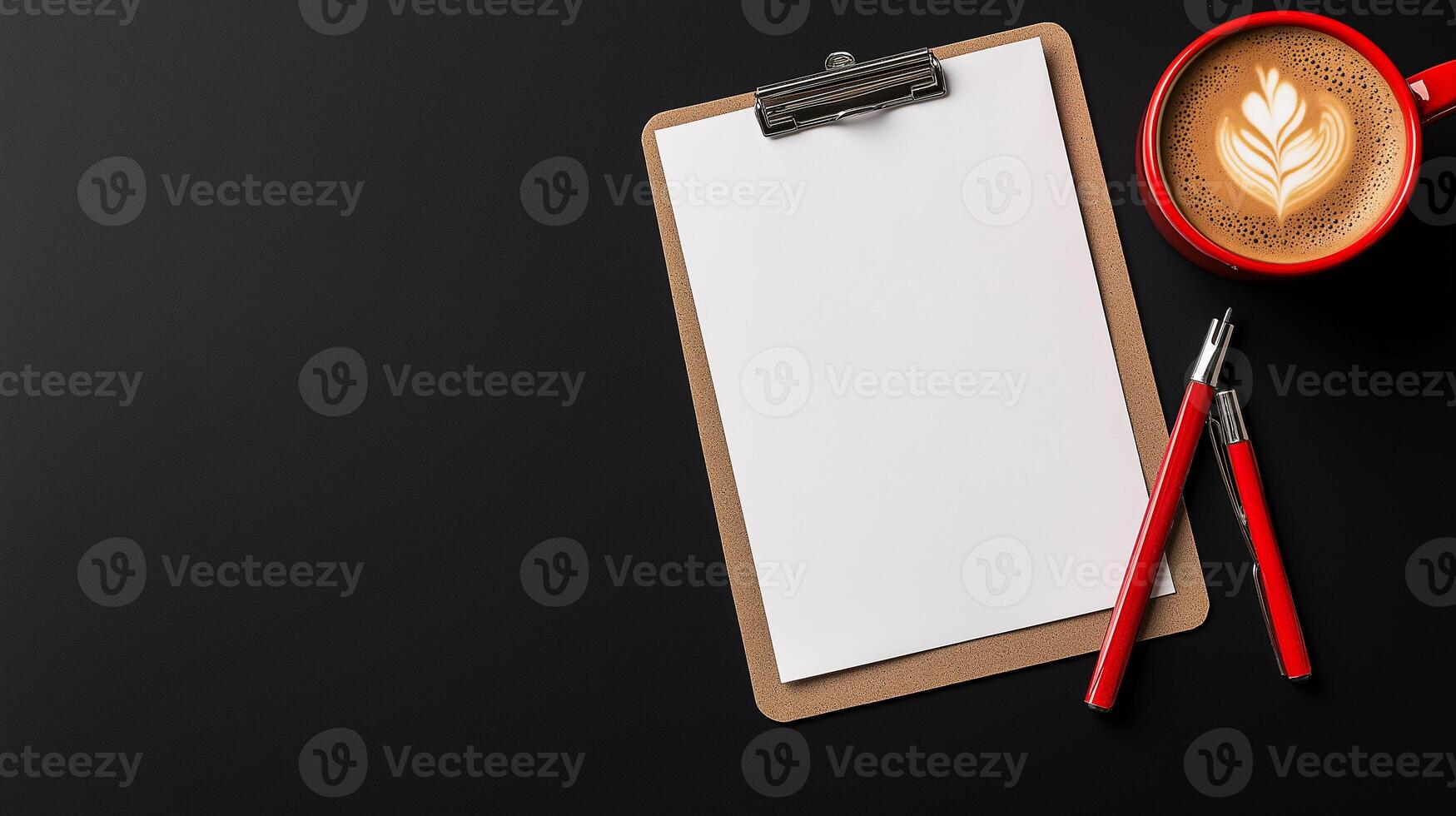 Elegant Workspace with Clipboard, Red Pens, and Coffee on Black Background photo