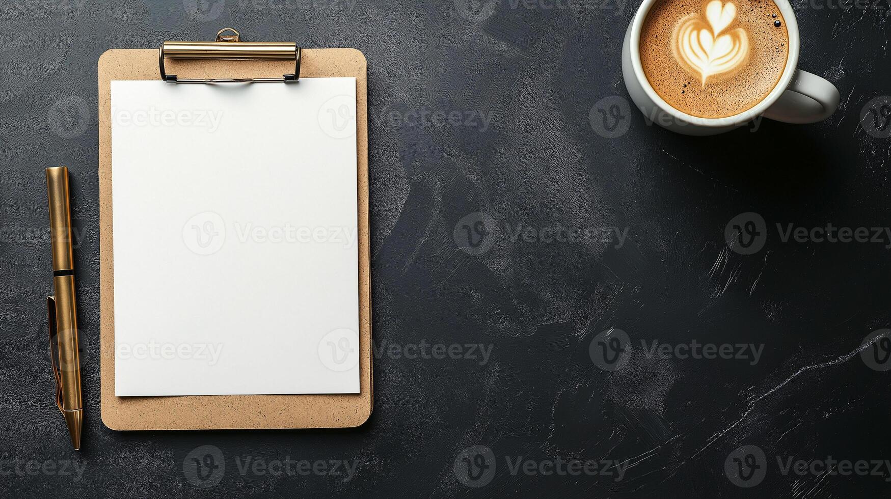 Blank Clipboard with Pen and Coffee on Dark Marble Table photo
