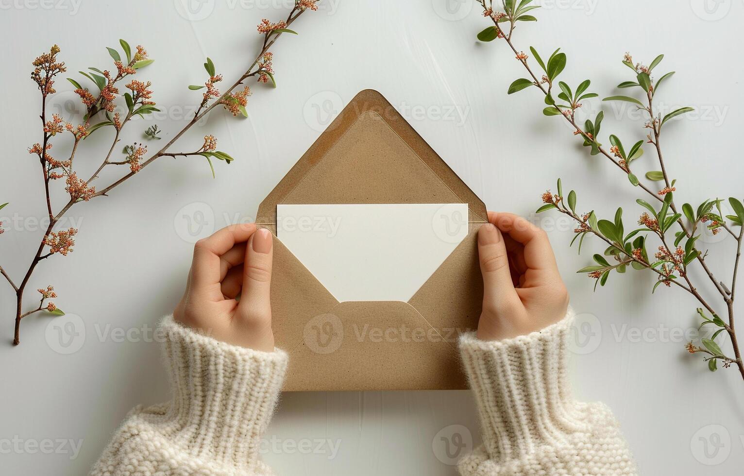 A person is holding an open envelope with a white card inside photo