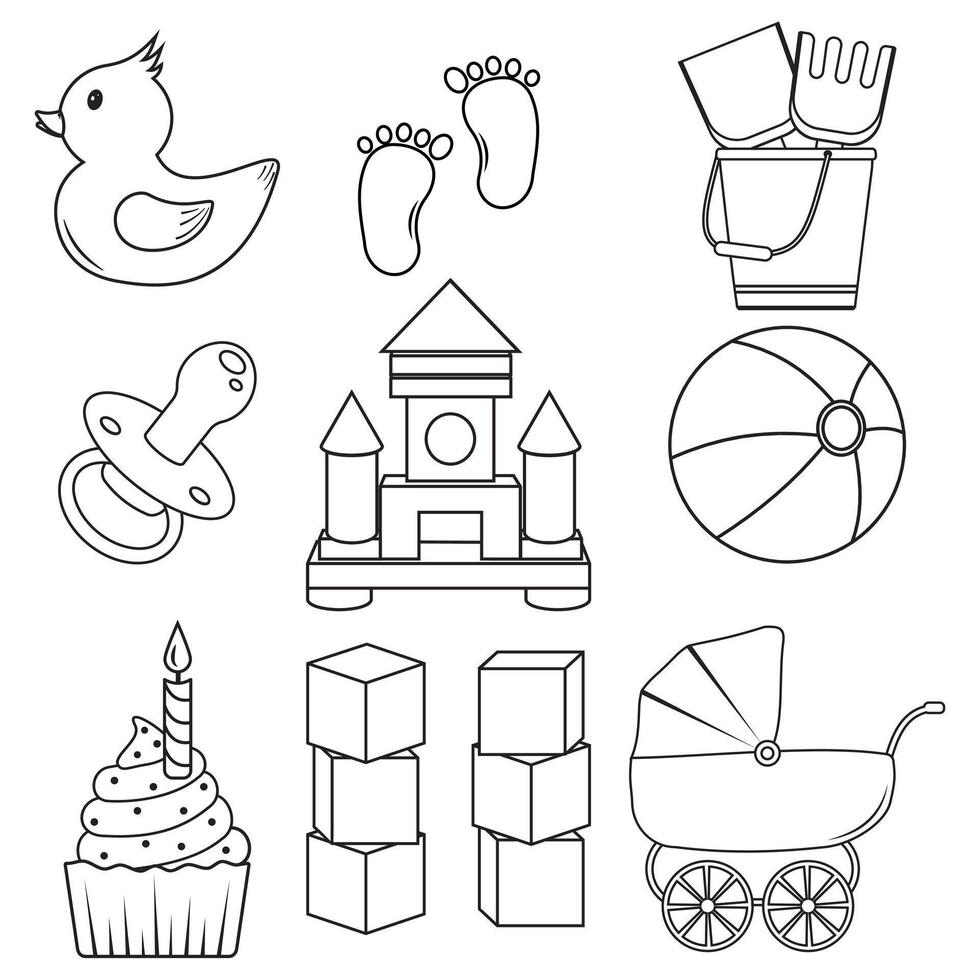 a set of isolated children's elements in the doodle style, contour coloring vector