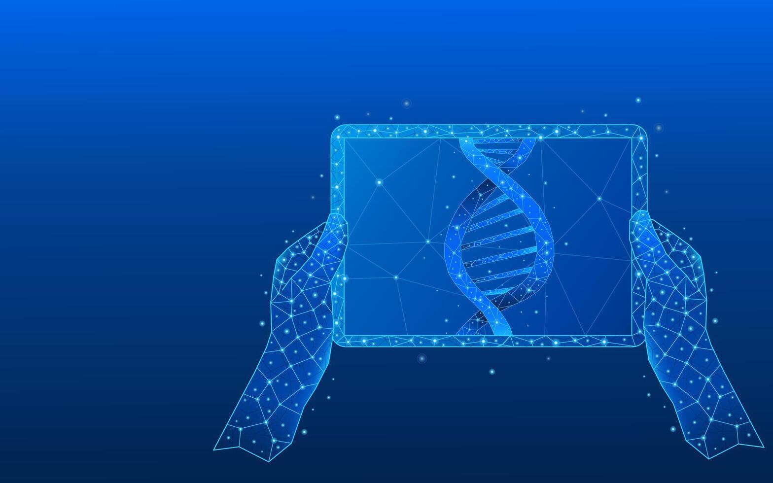 hands holding tablet in foreground low poly wireframe of genetics and biotechnology science vector