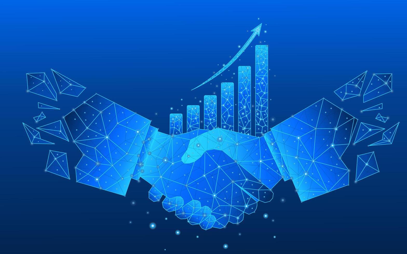Chart with up arrow hologram and businessmen handshake on low poly electric blue background vector