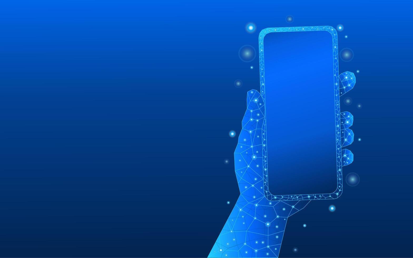 Hand holding a smartphone on low poly technological blue background vector