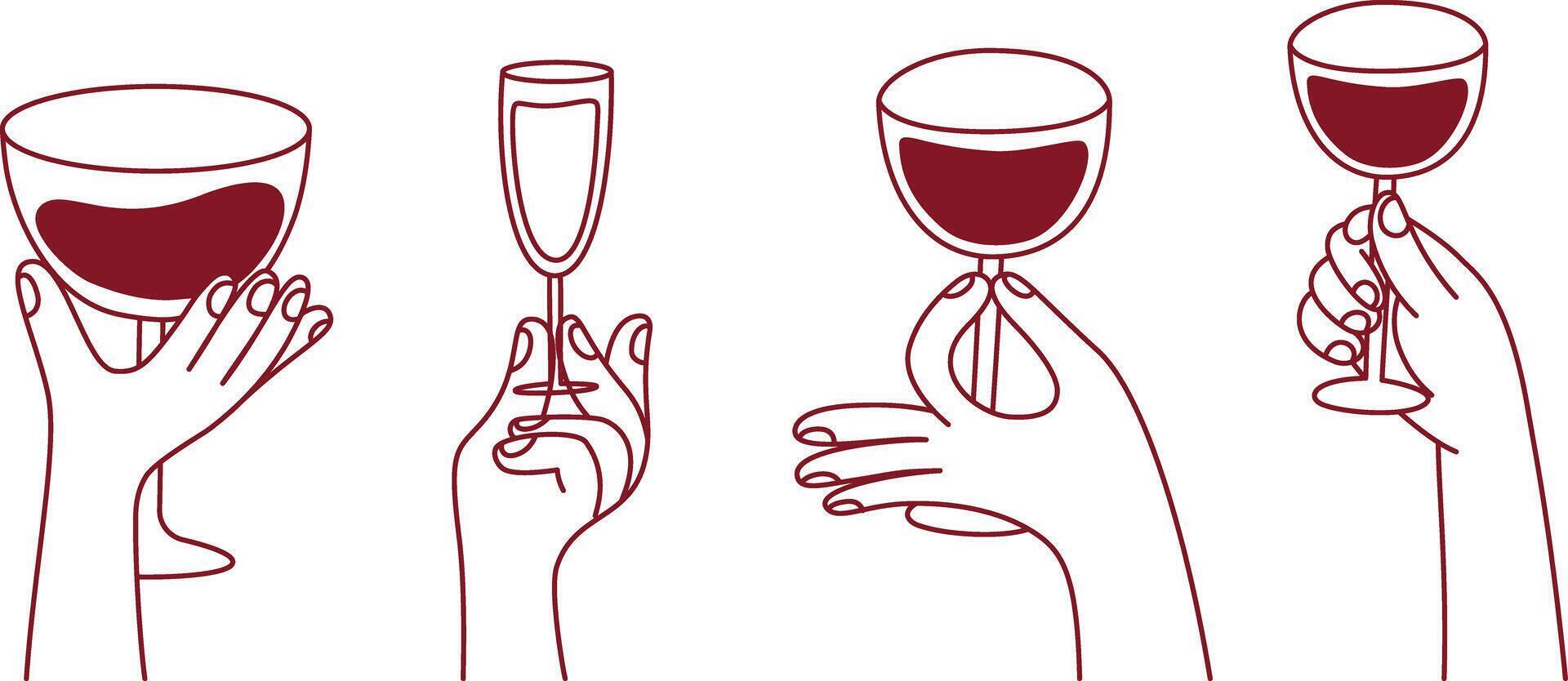 Simple and organic illustration in minimalist linear style with hands holding wine glasses, vector