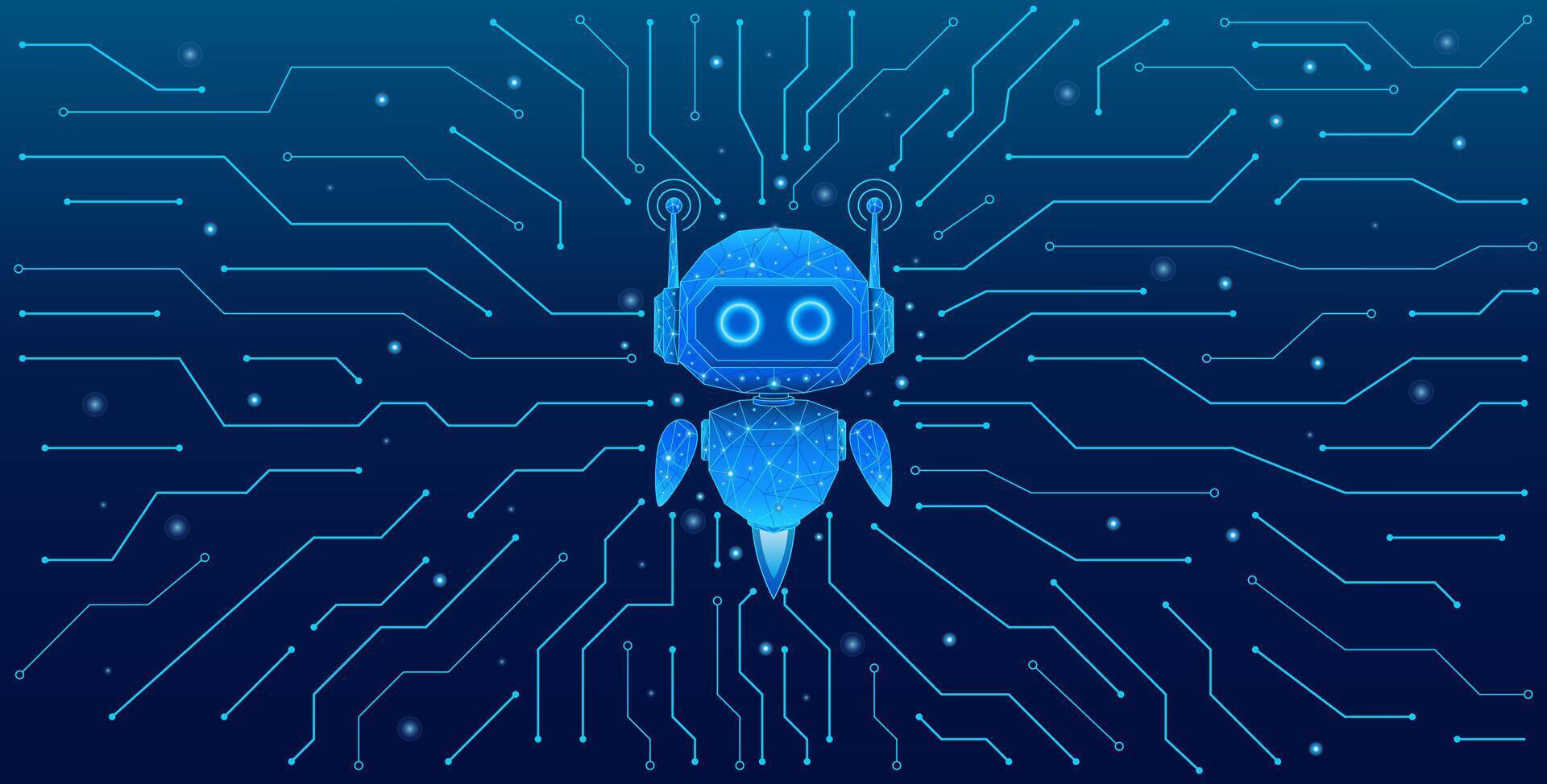 Abstract AI digital chatbot on a light blue circuit board background vector