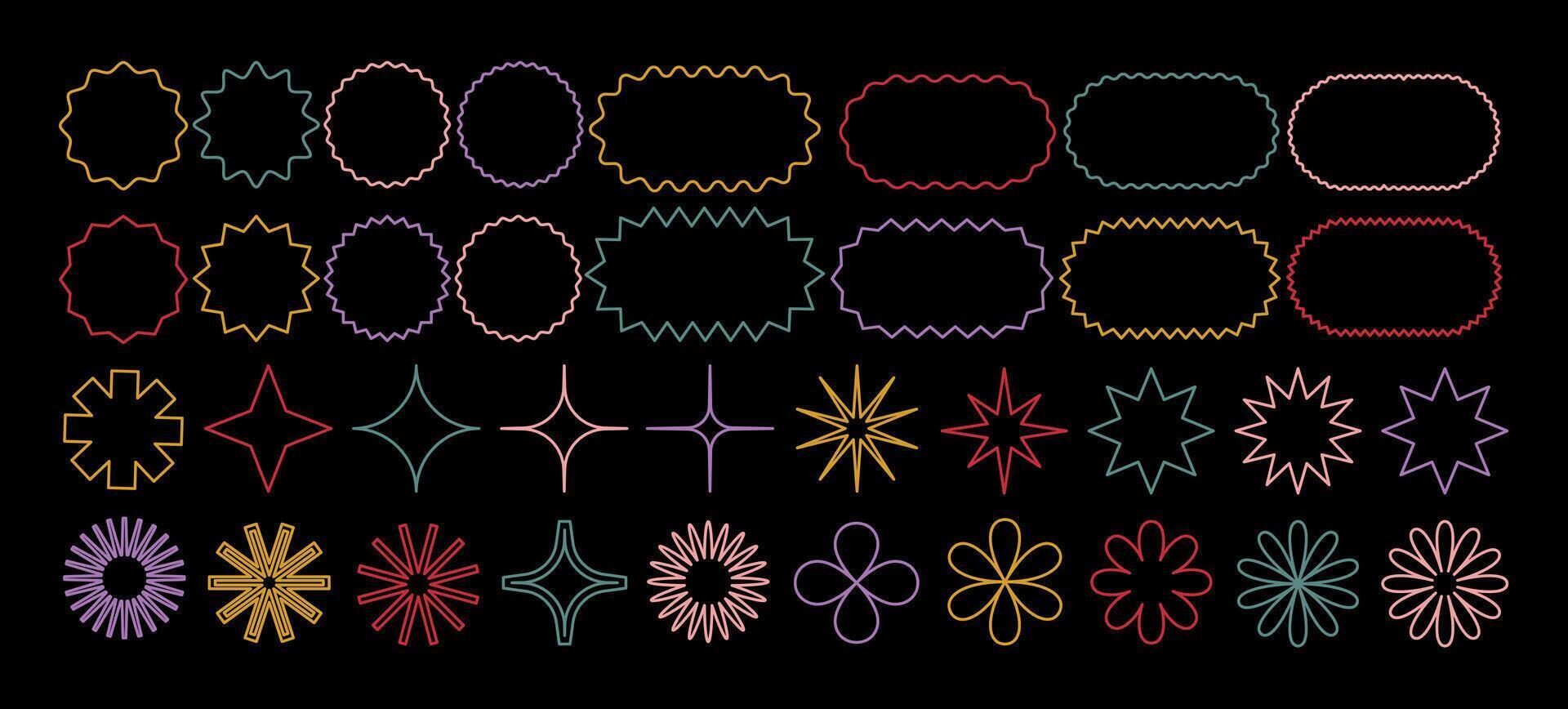 Retro linear shapes in pastel colors. Year 2000 stickers with labels, stars, and floral shapes vector